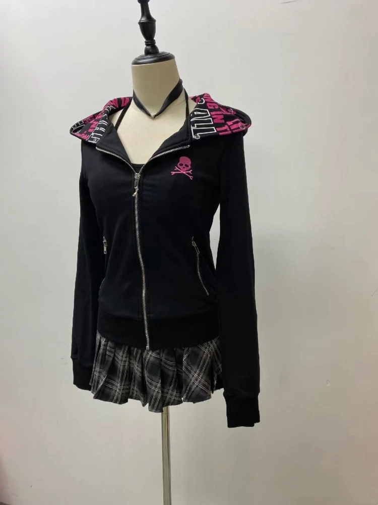 เสื้อโค้ทมีฮู้ดแขนยาวสไตล์วินเทจอเมริกันสำหรับผู้หญิง สไตล์พังก์ ทรงเข้ารูป ซิป ลายพิมพ์ตัวอักษร เสื้อสตรีทแวร์ สไตล์เรโทร ฤดูใบไม้ร่วง 2025