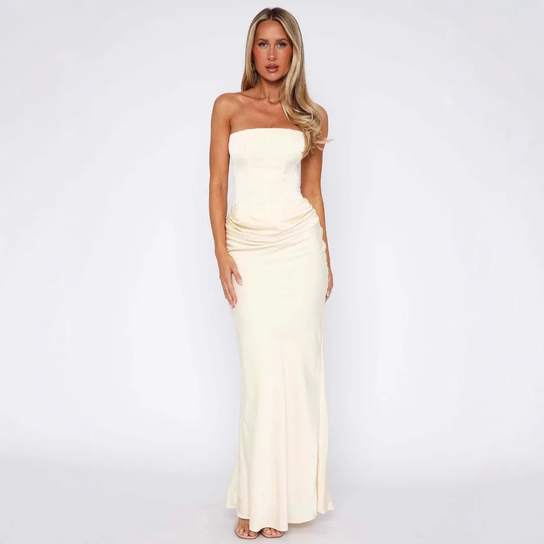 2025年新作 セクシーなストラップレス タイ フィッシュボーン スリムフィット ボディコン ハイエンド サテン ロングドレス 2025年夏 ドレス ローブ ベスティド レディース エレガント