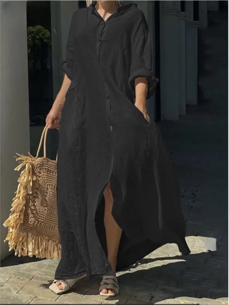 2024 Spring Autumn Women\'s New Casual Pocket Shirt Collar Long Skirt Casual Cotton Linen Loose Comfortable Dress