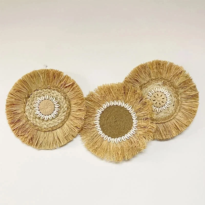 Natural Raffia Woven Wall Decor, 30CM Round Boho Wall Hanging Decoration, Handmade Scandinavian Wicker for Living Room Bedroom