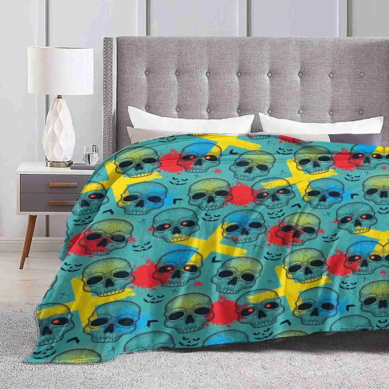 Pattern With Dotted Skull , Arrows , Crosses And Red Blots. New Print Novelty Fashion Soft Warm Blanket Halloween Skull