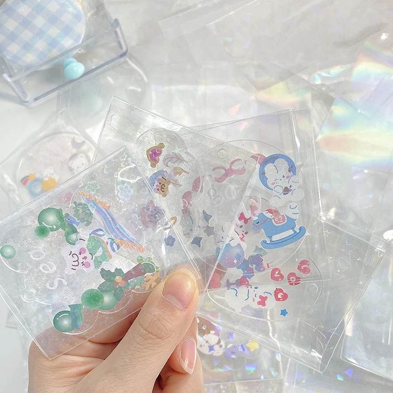 10PCS Transparent Laser Card Storage Self-adhesive Bag Protection Bag Colorful Stars Flowers Photo Protector Cards Shield Cover
