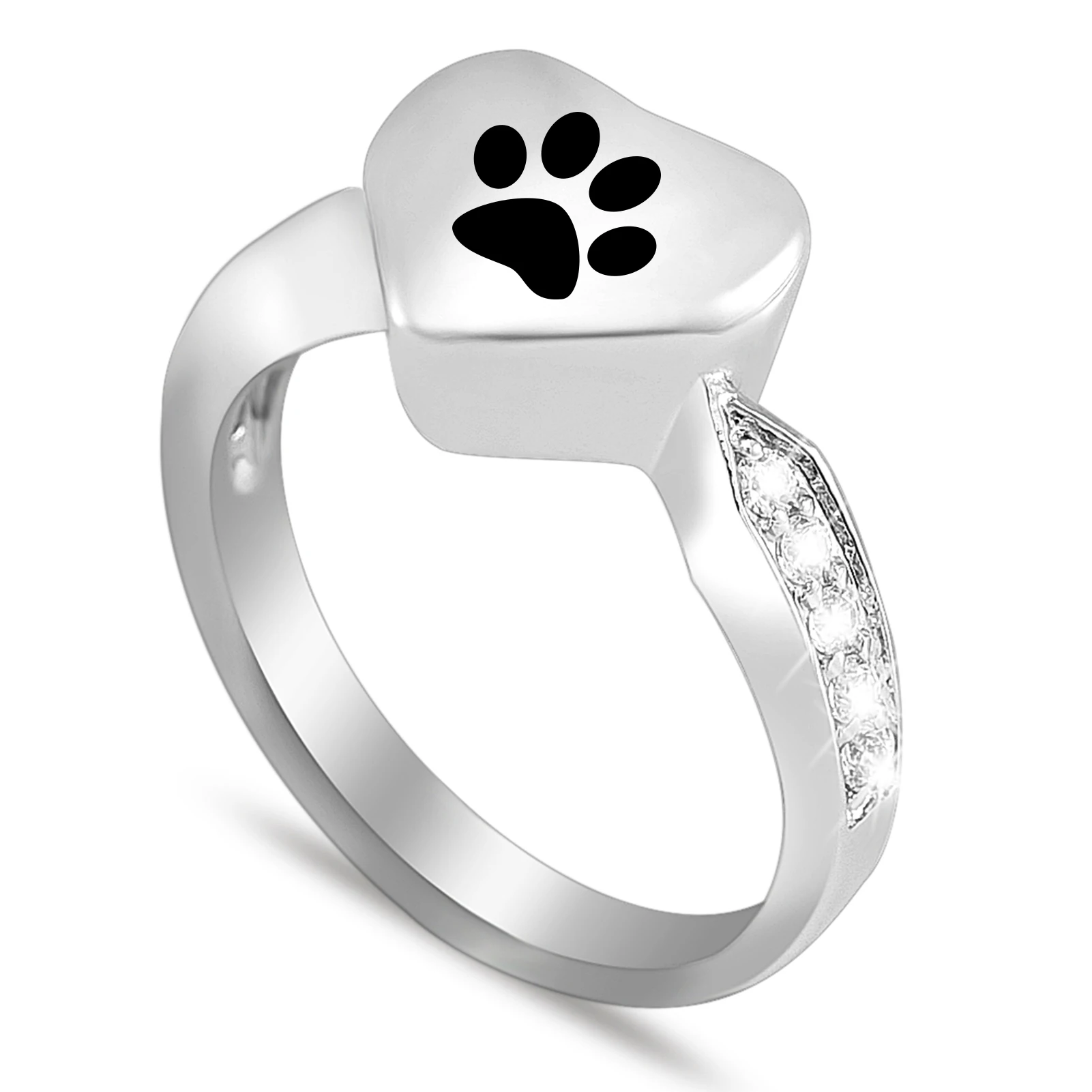 Cremation Ring for Ashes Engraved Paw Print Heart Urn Finger Ring Crystal Embellishment Stainless Steel Memorial Jewelry Gift