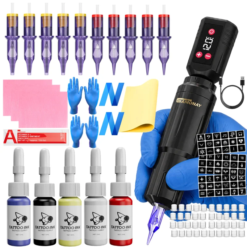 Neebol Tattoo Pen Machine Kit Complete Wireless Rotary Tattoo System with LCD Display,
