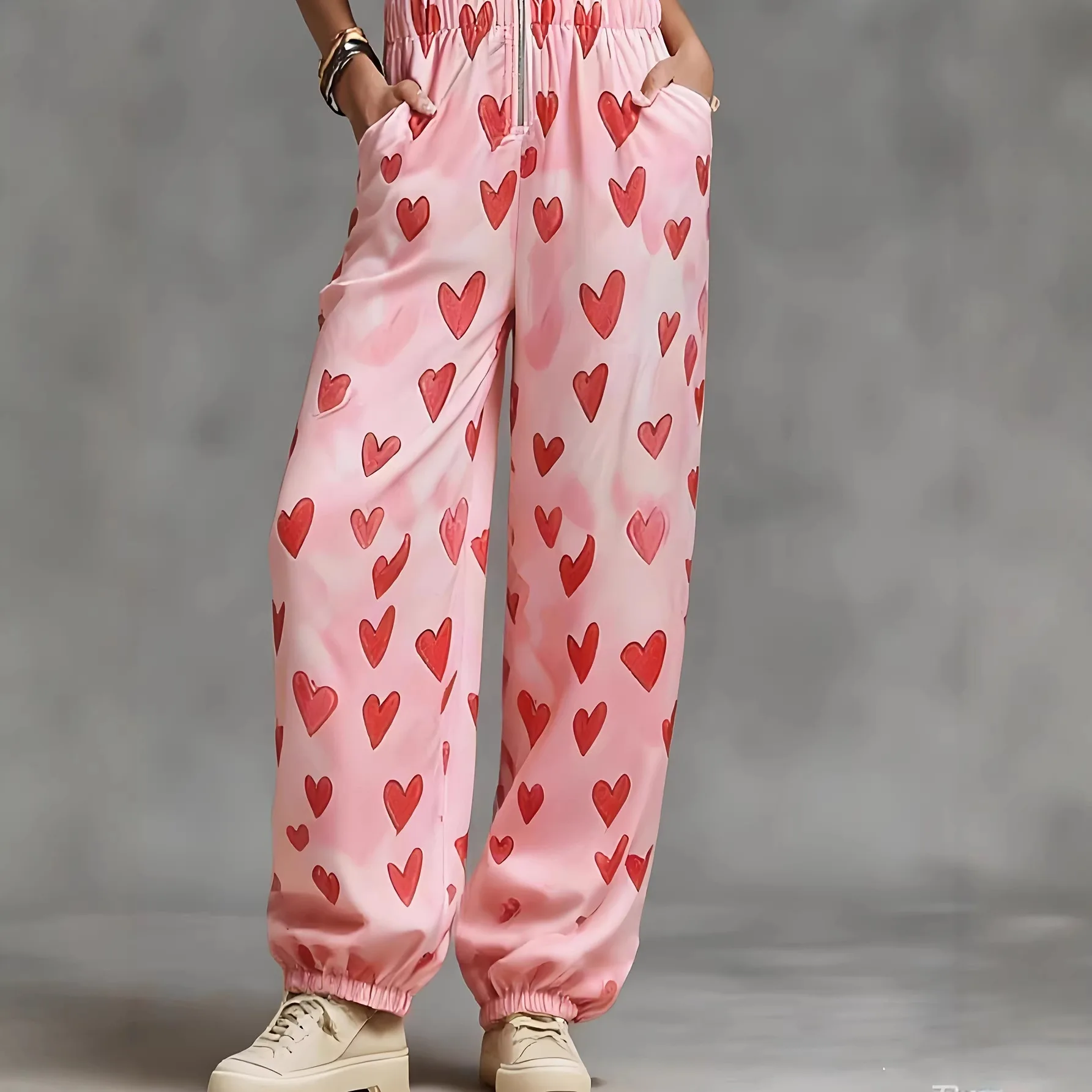 Cross-Border European American Summer New Style Heart-Print Sleeveless Loose Casual Jumpsuit With A Turn-Down Collar And Zipper