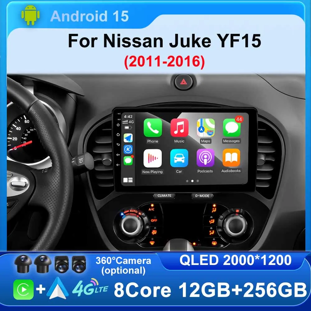 Android 15 video Player Carplay Auto for Nissan Juke YF15 2011 - 2016 WIFi 4G GPS Multimedia Car Radio BT Touch Screen