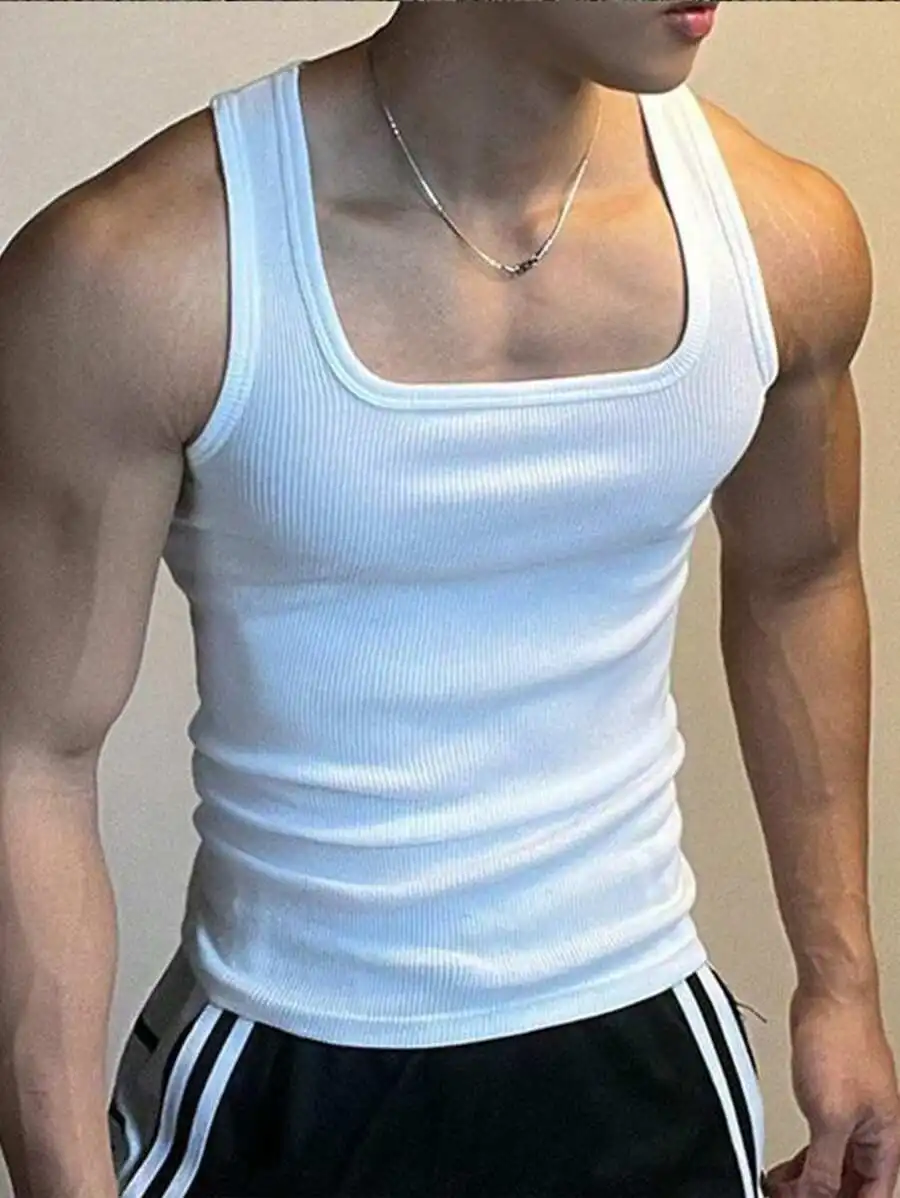

Men's White Ribbed Square Neck Tank Top for Casual Fitness Wear