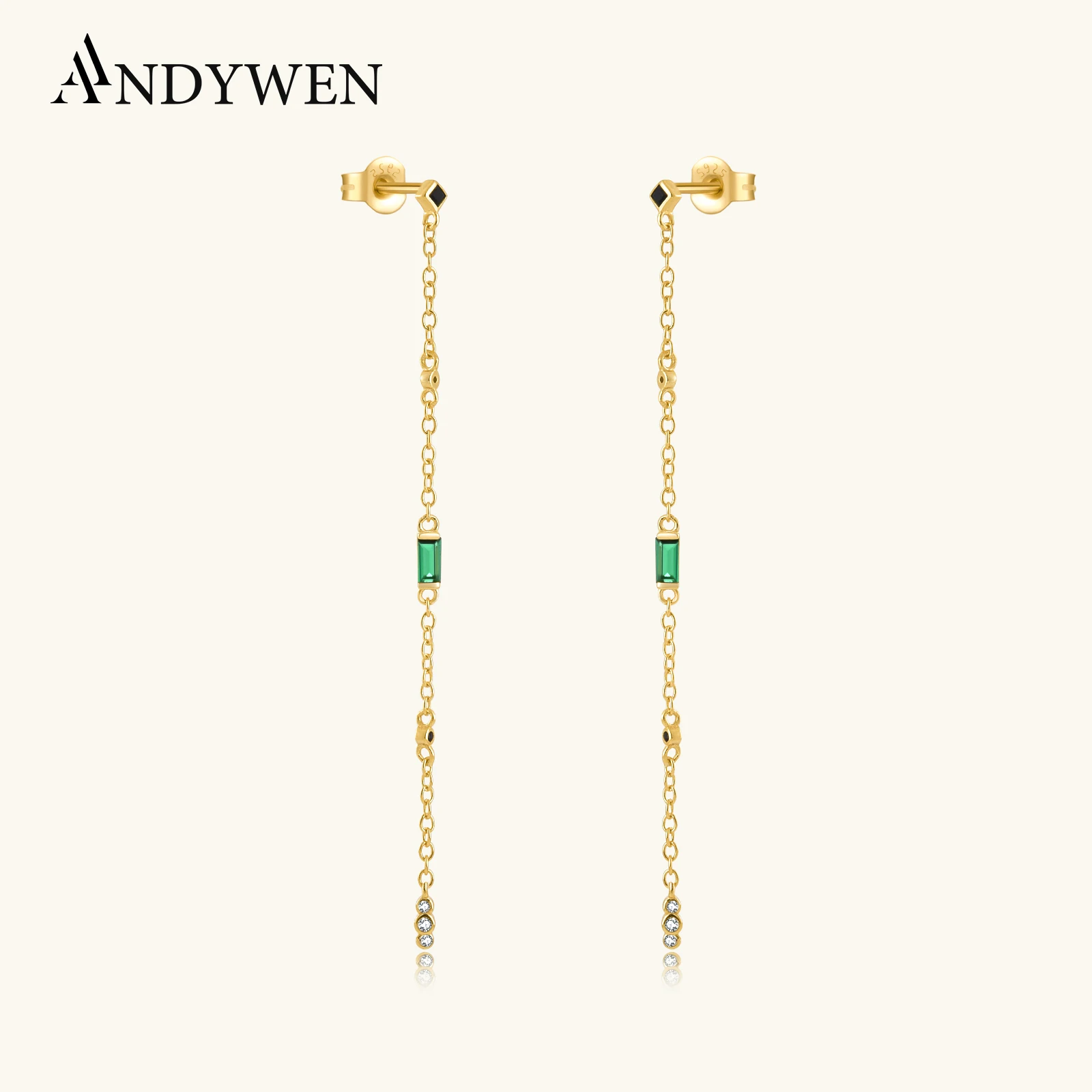 

ANDYWEN 925 Sterling Silver Gold Green CZ Zircon Long Chain Drop Earring Piercing Luxury Gift Clips Crystal Jewelry Pendiente