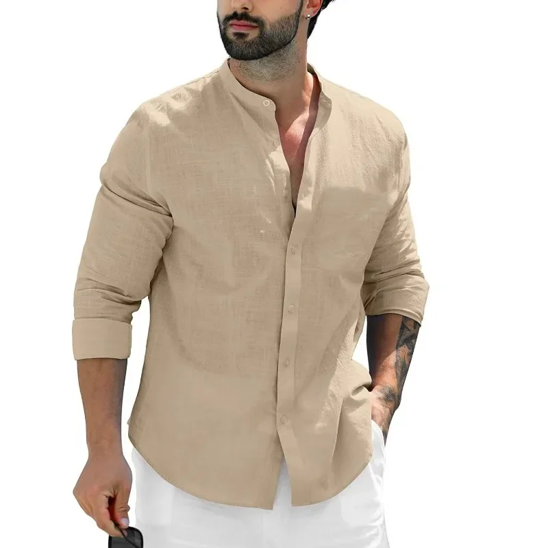 Men\'s Long Sleeve Linen Solid Color Shirt Button-up Shirts Trend Loose Stand Collar Casual Cotton Tops Hawaiian Shirt