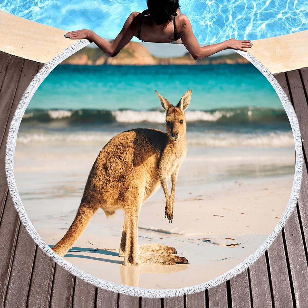 Kangaroo Round Beach Towel with Tassels, Microfiber Quick Dry Beach Blanket Sand Free Quick Dry Yoga Mat Circle Swim Pool Towel