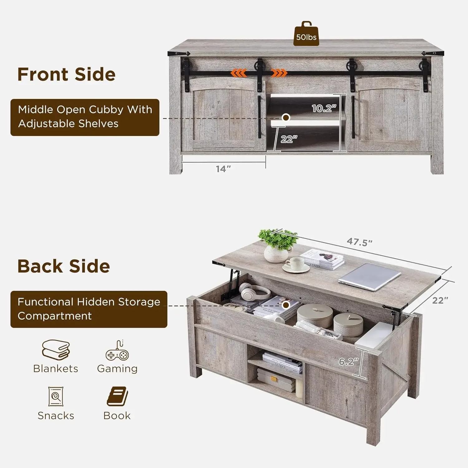 Mesa de centro elevable de granja con puerta corredera, mesa central rústica grande de 48 "con compartimento de almacenamiento oculto, Ta de elevación |