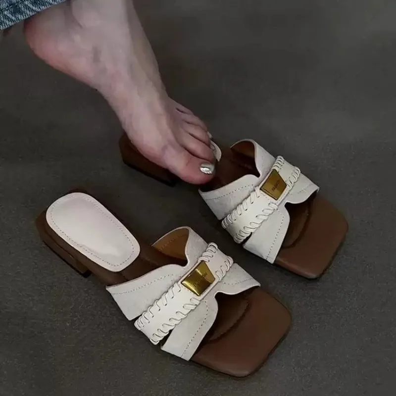 

French Versatile Niche Design Sheepskin Summer Cool Slippers Femininity Low-heeled Outer Wear Genuine Leather One-word Slippers