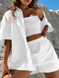 Cotton Linen Two Piece Set Women Summer Casual Joggers Shirt Top Vacation Shorts Set Suit Beach 2022 Outfits Tracksuit Matching