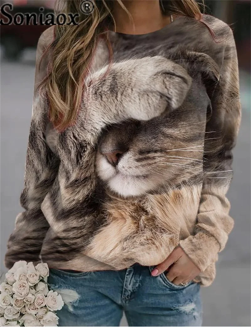 Autumn Thin Hoodie Women 3D Printing Cute Cat Fashion Tops 2022 New Harajuku Animal Sweatshirt Long Sleeve Pullover Clothing