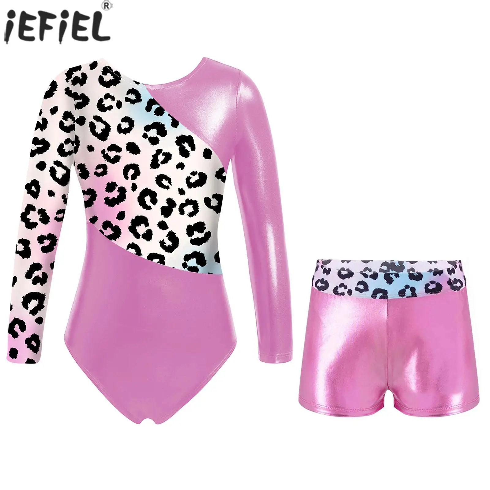 

Kids Girls Ballet Dance Leotard Leopard Long Sleeve Gymnastics Bodysuit with Shorts Jumpsuit Skating Stage Performance Dancewear