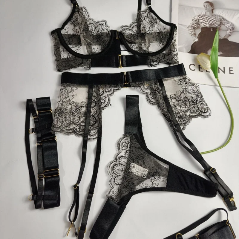 الملابس الداخلية دعوى النساء حزام جوفاء شفافة الأزهار التطريز الدانتيل الملابس الداخلية الجسم النحت الصدرية الرباط حزام مجموعة موجز #4