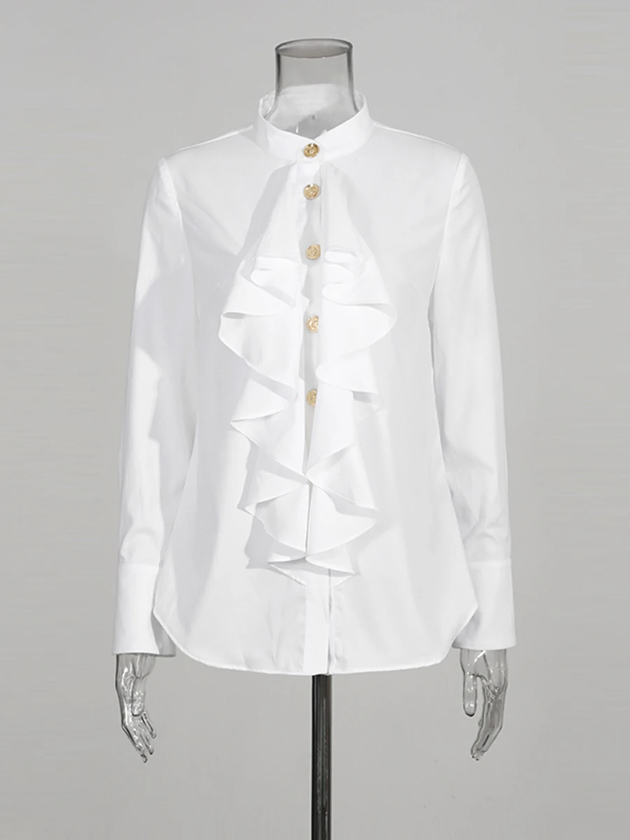 CHICEVER ホワイトスプライス菌類シャツ女性スタンドネック長袖ルーズフレンチエレガントな女性のシャツ秋スタイルファッション新