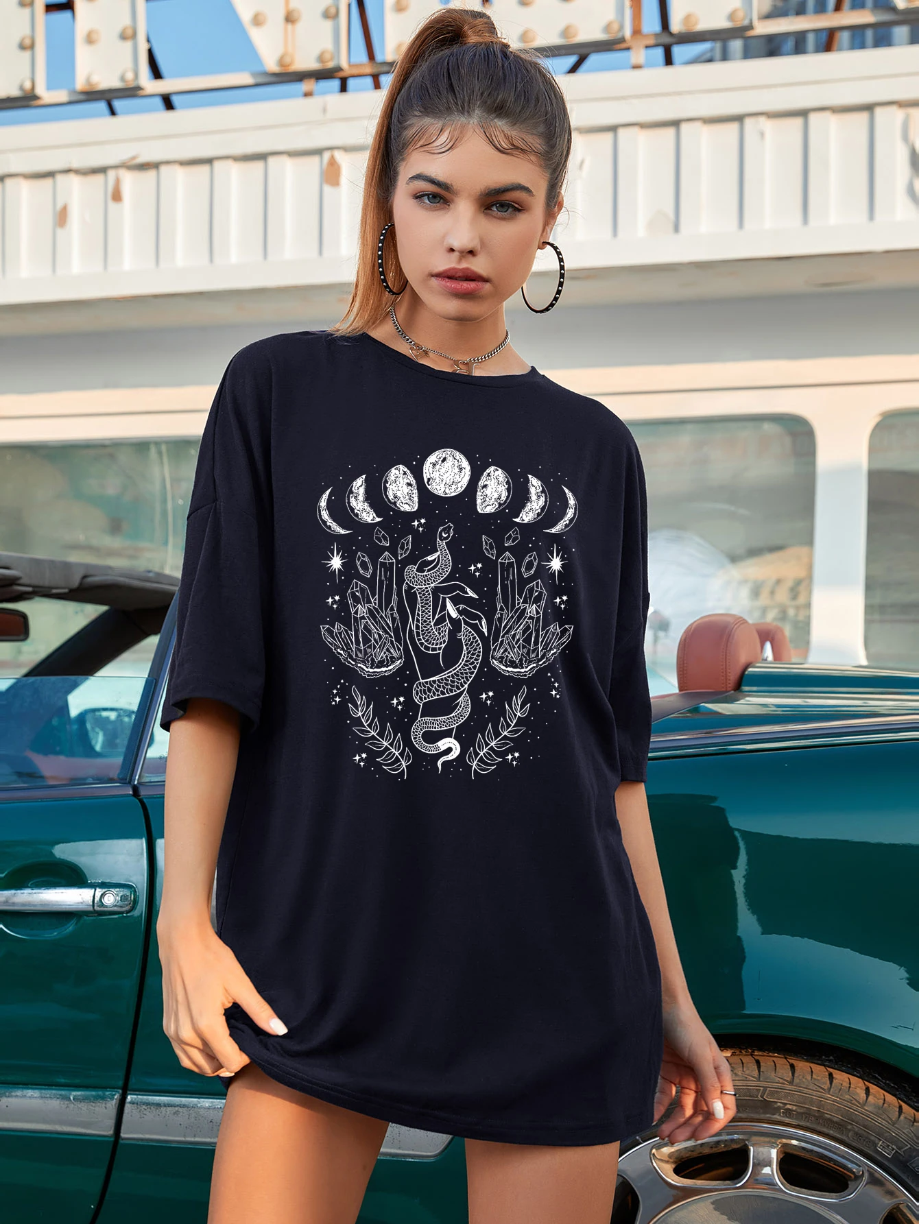 Mystical Moon With Snake oversized tshirt vintage women Crescent Moon Graphic tee shirt