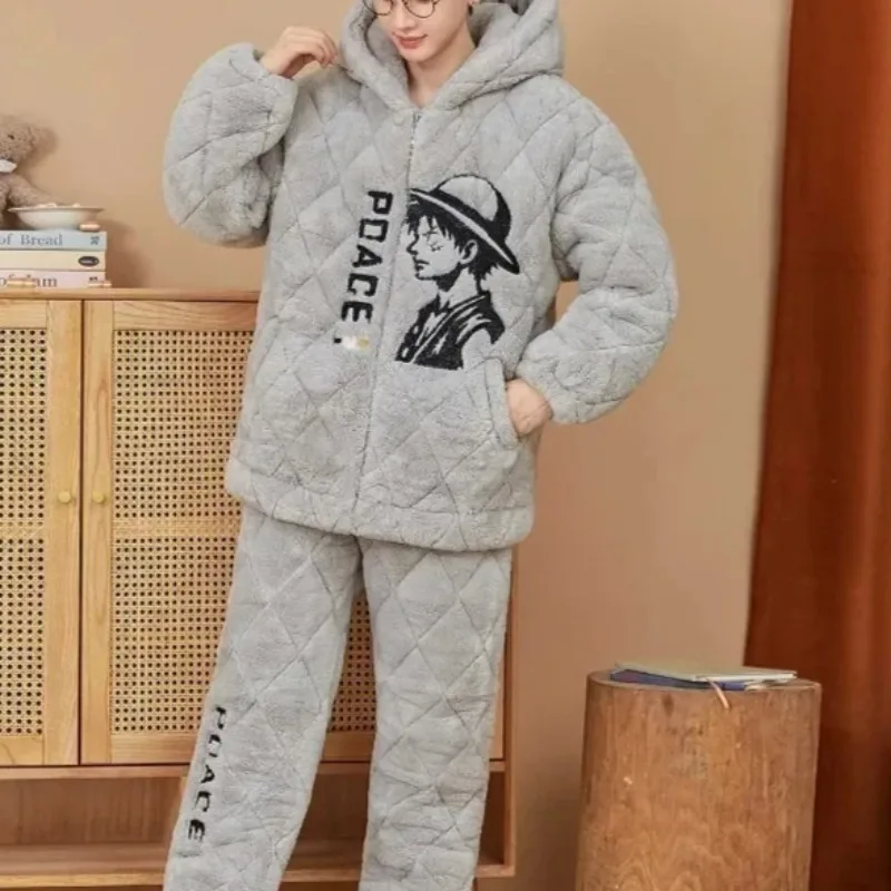 

Anime One Piece Luffy Dragon Ball suit Autumn winter plush Hooded pajamas thickened coral velvet warm Lady men home clothe gifts