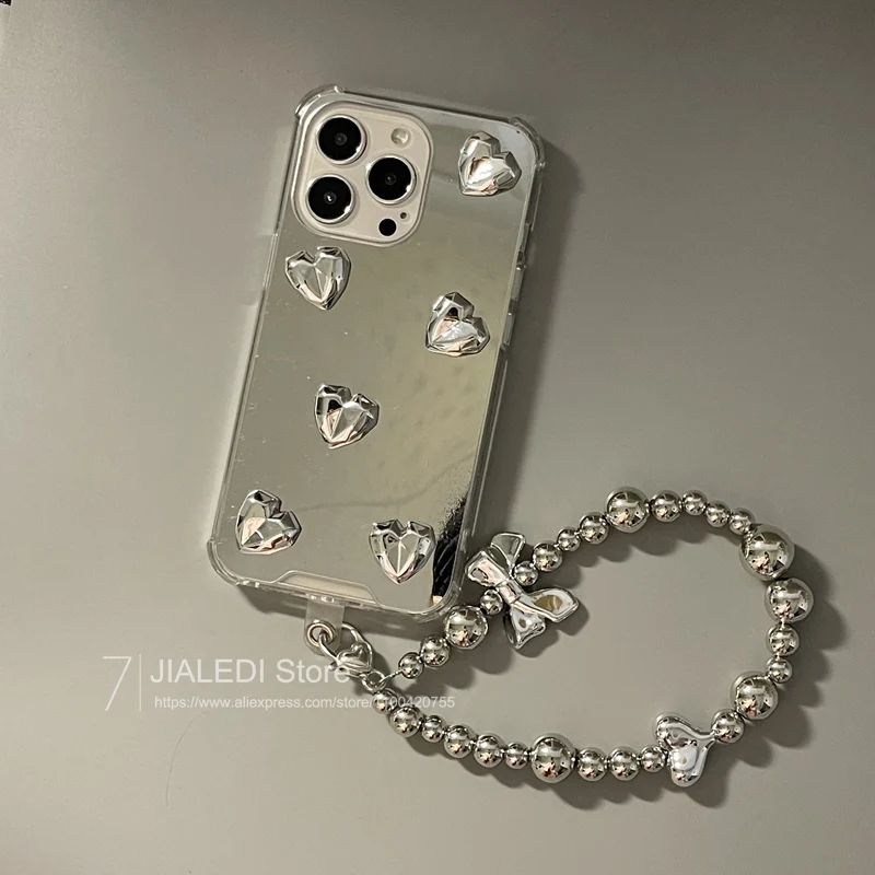 Bow Bracelet Chain Love Mirror Phone case For iPhone 15 14 13 12 11 Pro X XS Max XR 7 8 Plus Shockproof Protection Cover