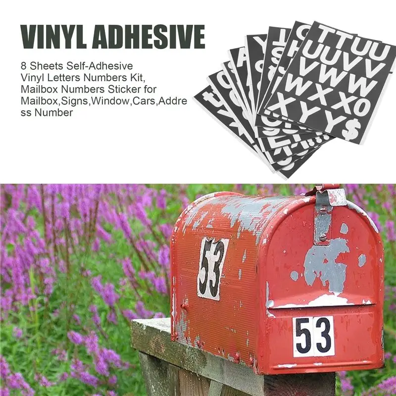 8 Sheets Self-Adhesive Vinyl Letters Numbers Kit, Mailbox Numbers Sticker For Mailbox,Signs,Window,Cars,Address Number-A74P
