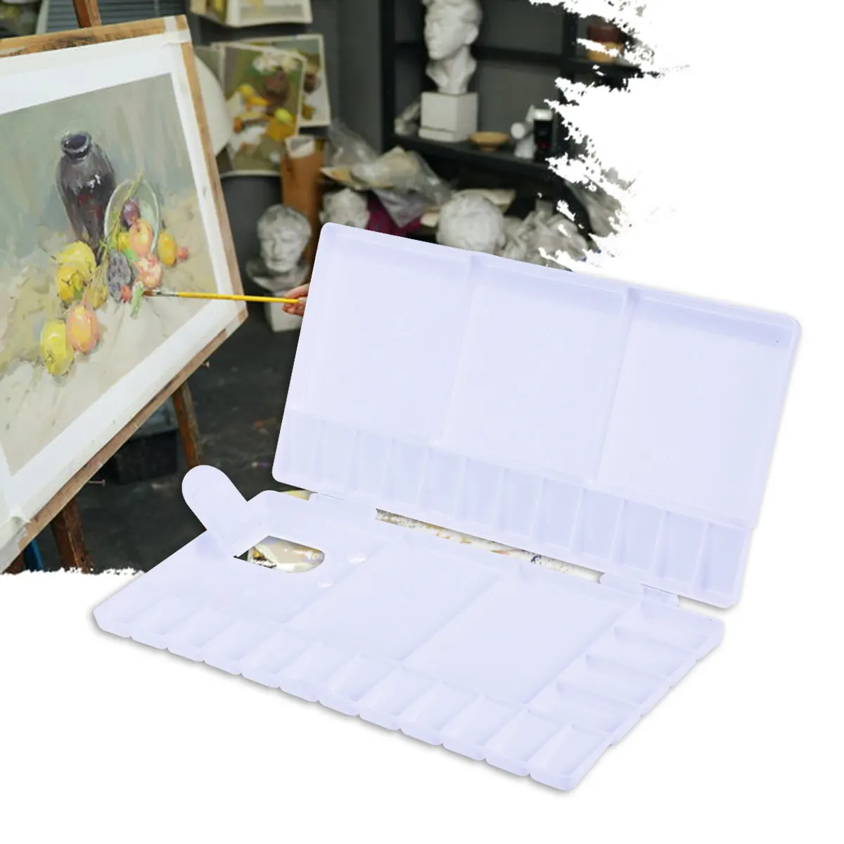 33-Compartment Foldable Plastic Palette Thumbhole Brush Holders Rotatable 180 Degrees Easy Clean for Artists Students Crafters