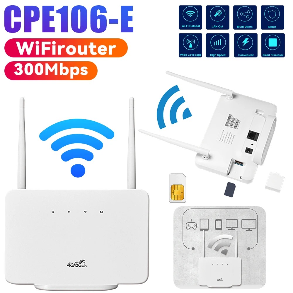 300Mbps 4G LTE WiFi Router Wireless Router Modem External Antenna Network Expander Outdoor Mobile Hotspot with Sim Card Slot