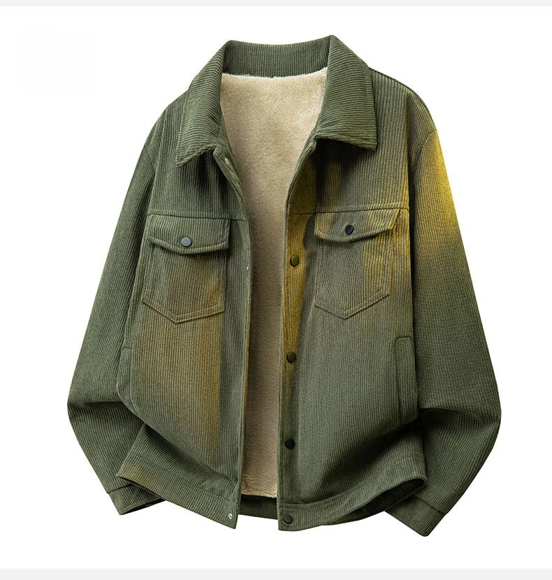 Winter-Fleece-Warme-Cordjacke für Herren, Revers-Cargojacke mit Innentasche, Arbeitsjacke mit Knöpfen, Dicker Grüner Mantel mit Taschen, Oberteile für Männer, S-4XL – Detail 10