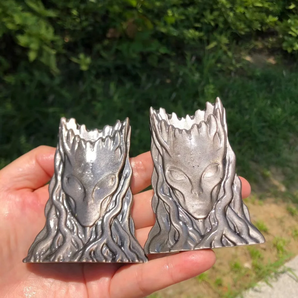 2pcs Natural Silver Obsidian Tree Spirit Statue Carving Energy Healing Polished Mineral Home Decor Ornament Figurine