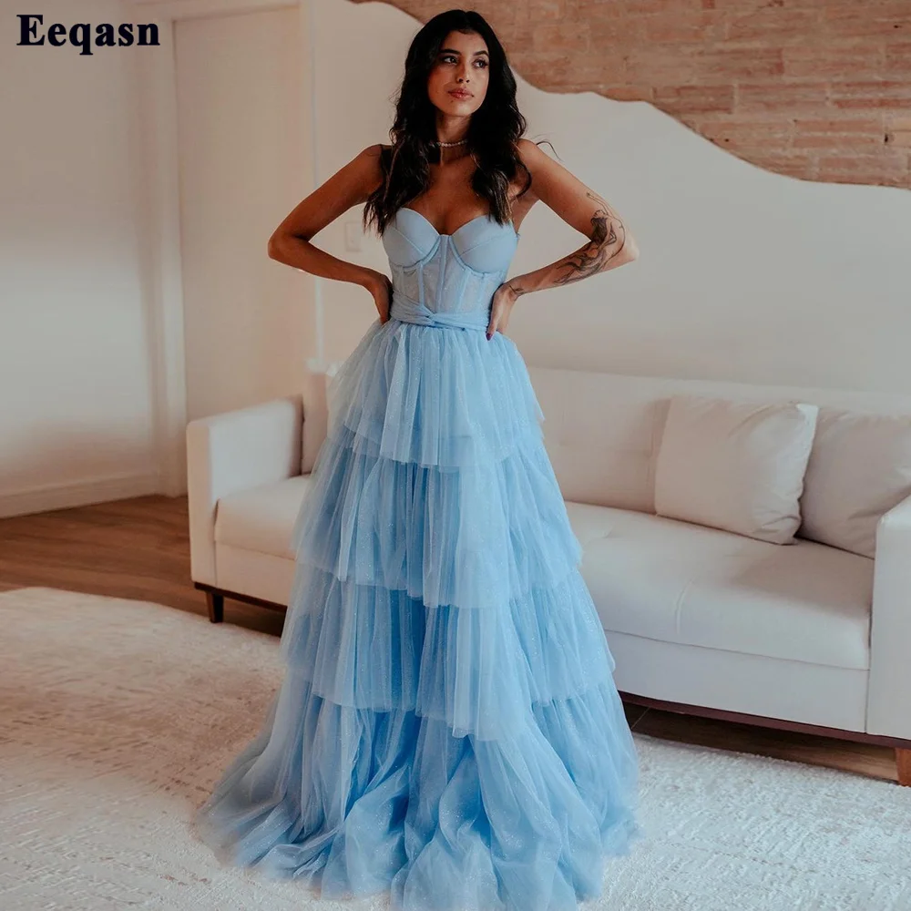 

Eeqasn Sparkly Sky Blue Long Evening Dresses Tiered Skirt Tulle Sweetheart A Line Women Formal Prom Gowns For Wedding Party