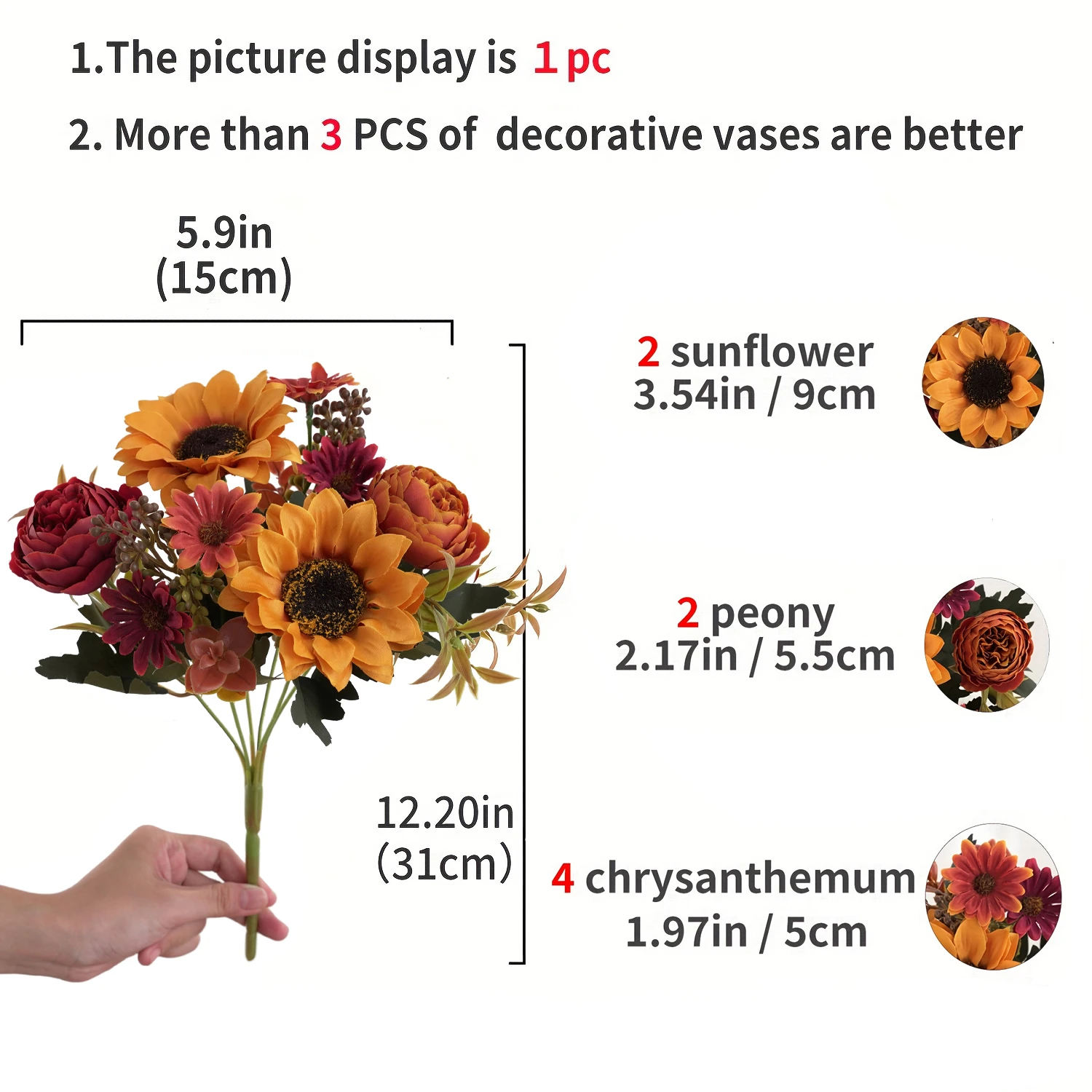 1/4pcs Artificial Peony Sunflower Flowers, Perfect for Room, Home, Office, Wedding, Christmas, Halloween,Thanksgiving,Vase Decor