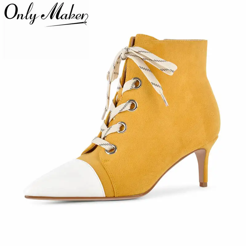 Onlymaker Yellow Faux Suede Ankle Boots Lace Up Side Zipper Pointed Toe Slim Kitten Heel Fashion Elegant Daily  Short Booties