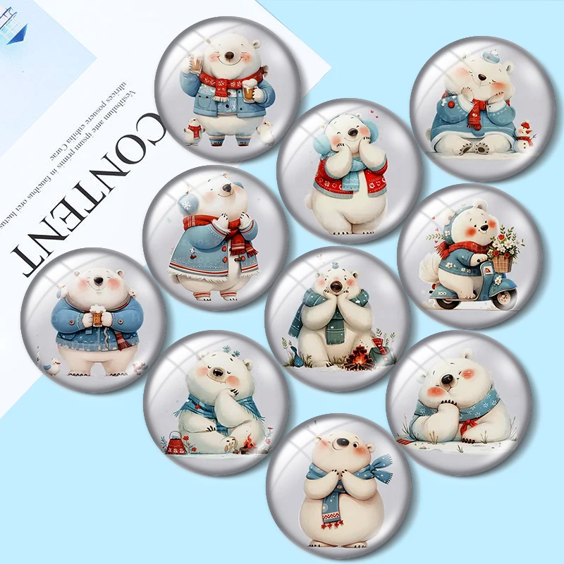 Cute Polar Bear Colored Drawing Glass Cabochon 12mm/16mm/18mm/25mm round Flat Back Findings Photo Image Craft Supplies