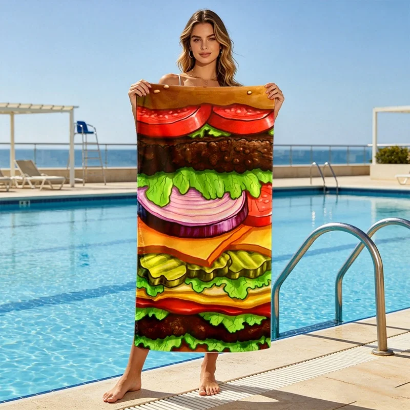 Giant Hamburger Beach Towel Microfiber Big Burger Cheese Tomato Bath Towels Large Swimming Blanket Food Theme Travel Shawl