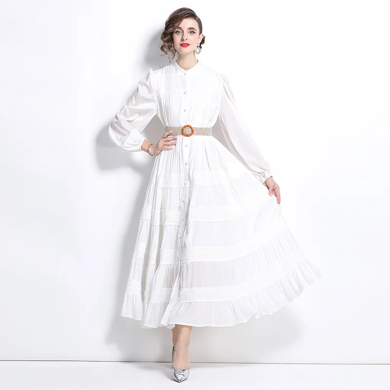 Elegant Women Dress Shirt Summer Autumn Belt Long Sleeve Pleated Embroidery Lace Striped Maxi Dress Evening Party Vestidos