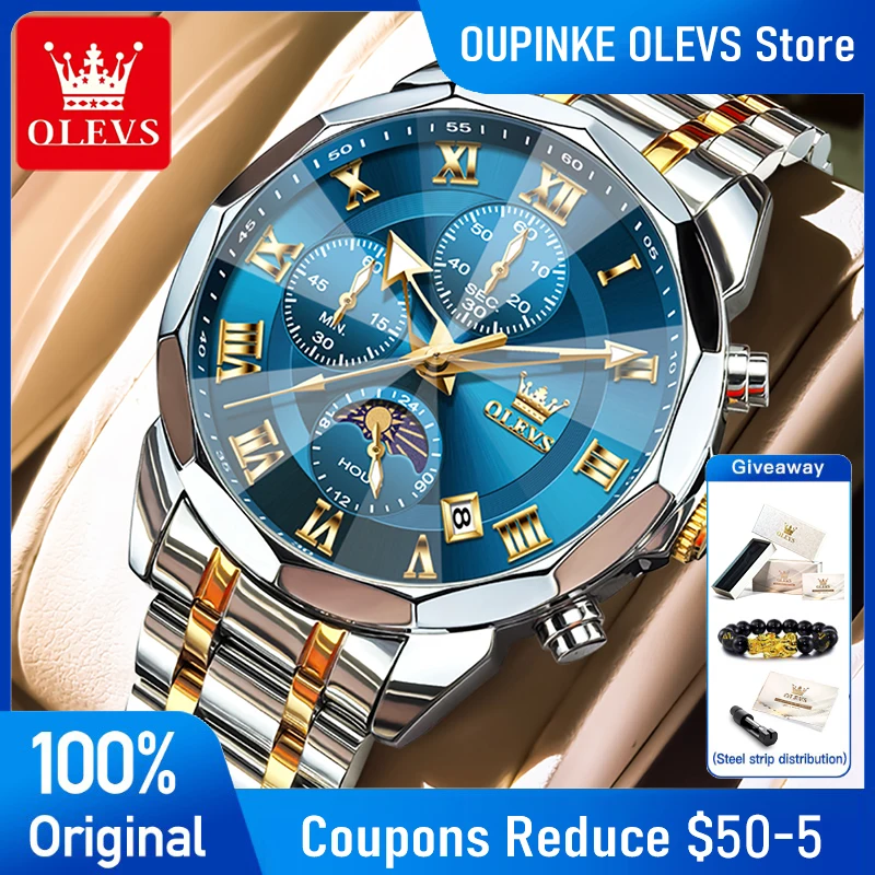 

Часы OLEVS, мужские часы 3675, кварцевые часы с ромбическим хронографом, водонепроницаемые светящиеся часы из нержавеющей стали с фазой Луны для мужчин, Reloj