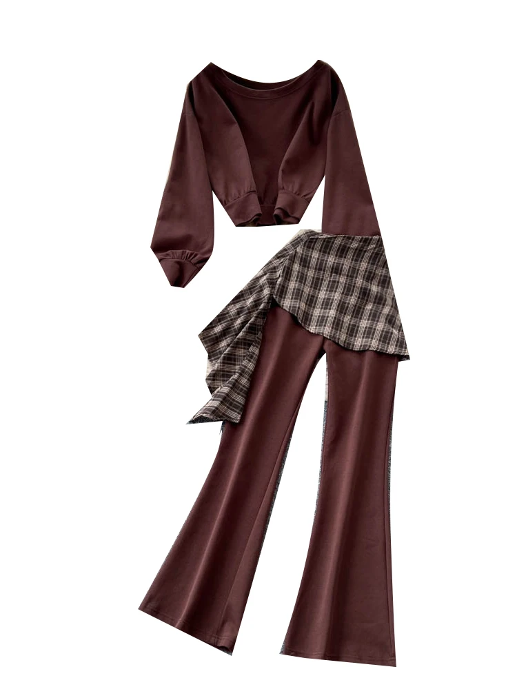 Loose Comfortable Women's Casual Set Autumn Long Sve Sweatirt Plaid Splicing High Waist Flared Pants Faionable Two-Pie...