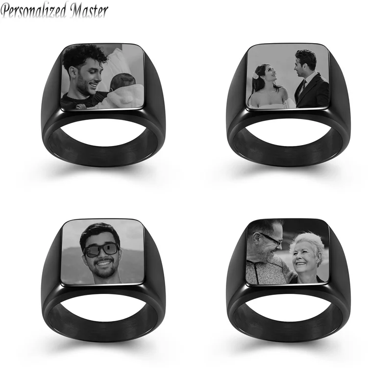 

Personalized Master Custom Picture Ring Engrave Polished Photo Initial Simple Plain Black Signet Ring Size 9-14 Memorial Jewelry