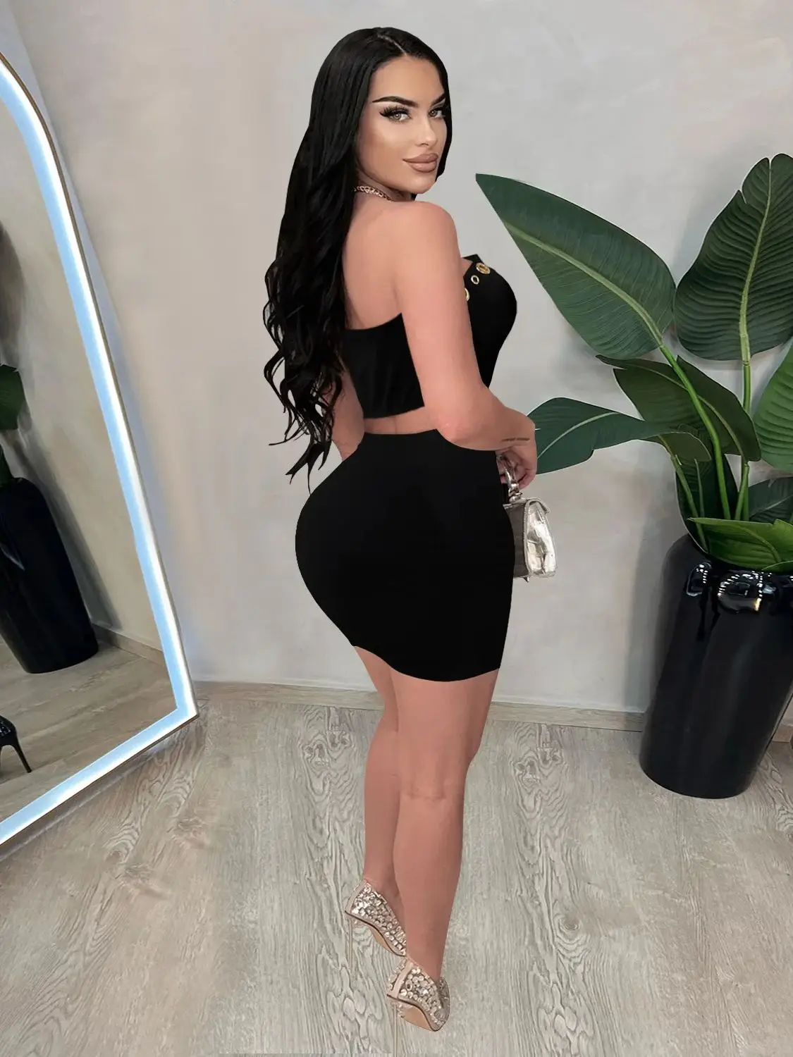 Nibber Y2K 2-delige set dames onregelmatige cirque hipster split strapless tops + perzik heuprokken middernacht feest bijpassende clubwear