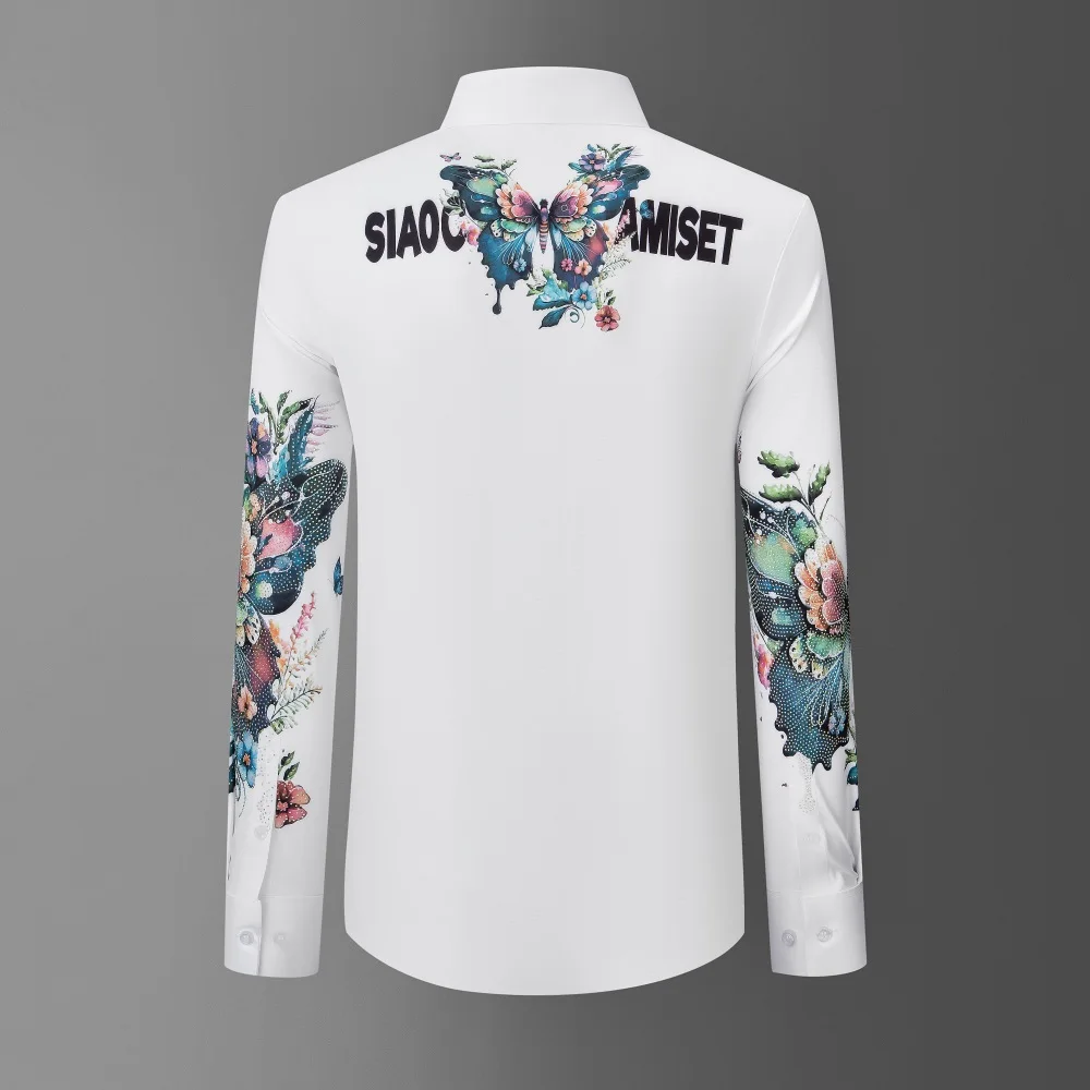 Luxo borboleta diamante camisa masculina high end negócios camisa social manga longa magro banquete festa boate desempenho trajes