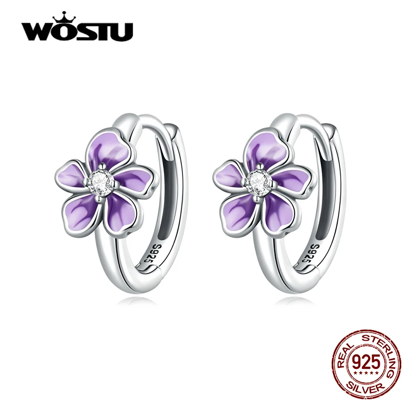 WOSTU Real 925 Sterling Silver Fashion Purple Flower Ear Buckles Fine Zircon Earrings For Women Fashion Anniversary Jewelry Gift