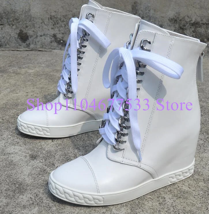 

White Leather Chains Decor Woman Platform Shoes Fashion 8cm Increasing Heel Wedge Casual Shoes Lady Short Boots