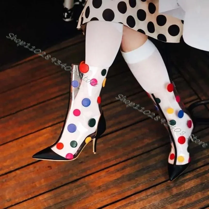 

Patechwork Design Mixed Color Dots Boots Clear PVC Pointed Toe Stiletto British Style Party Dress Shoes 2024 Zapatos Para Mujere