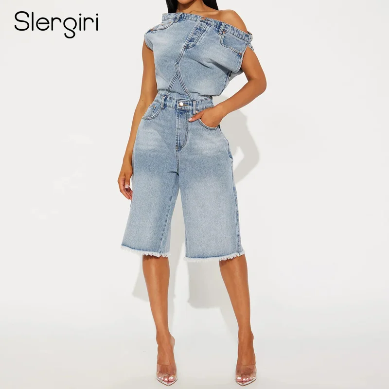 

Slergiri Women's Slash Neck Raw Hem Denim Jumpsuit Romper Fashion 2025 Summer Retro Casual Side Zipper Straight Jumpsuits