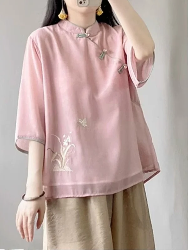 Ele chinois Sle brodé lin irt femmes été Faion Unique beau coton lin boutonné haut