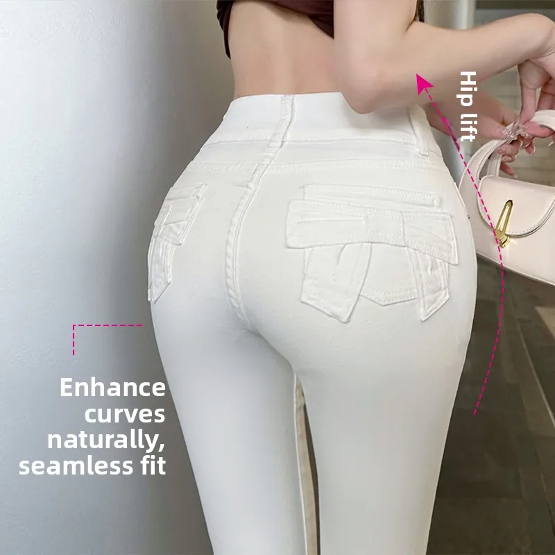 

Корейские женские облегающие джинсы-колокольчики с белым узлом, весеннее новое поступление, модные женские хлопковые джинсы с высокой талией...