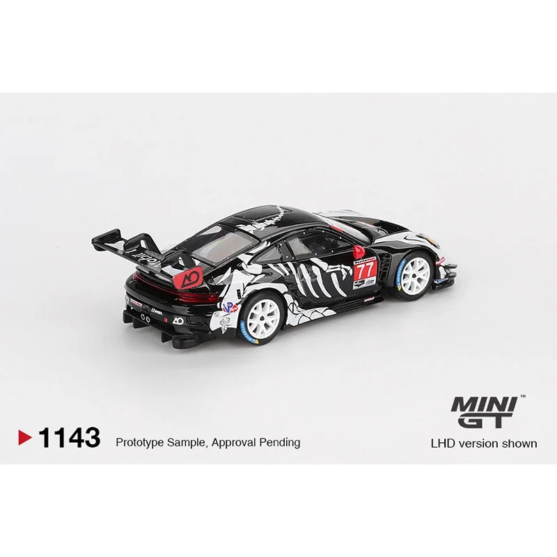 Voorverkoop MINIGT 1143 # 77 1: 64 Porsche 911 GT3 R AO Racing IMSA Petit Le Mans Skeleton Rexy Halloween Diecast Auto Model Speelgoed