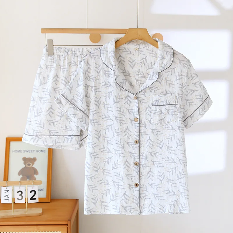 2025 New Summer Women's Pajama Set 100% Cotton Crepe Large Short Sleeve Shorts Two Piece Home Clothes Sleepwear Ladies