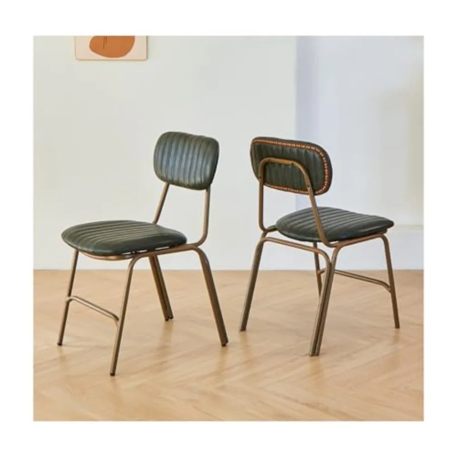 Mid Century Modern Dining Chairs Set of 2: Faux Leather Upholstered Seat/Backrests, Vintage Distressing Metal Legs, Leg Protect
