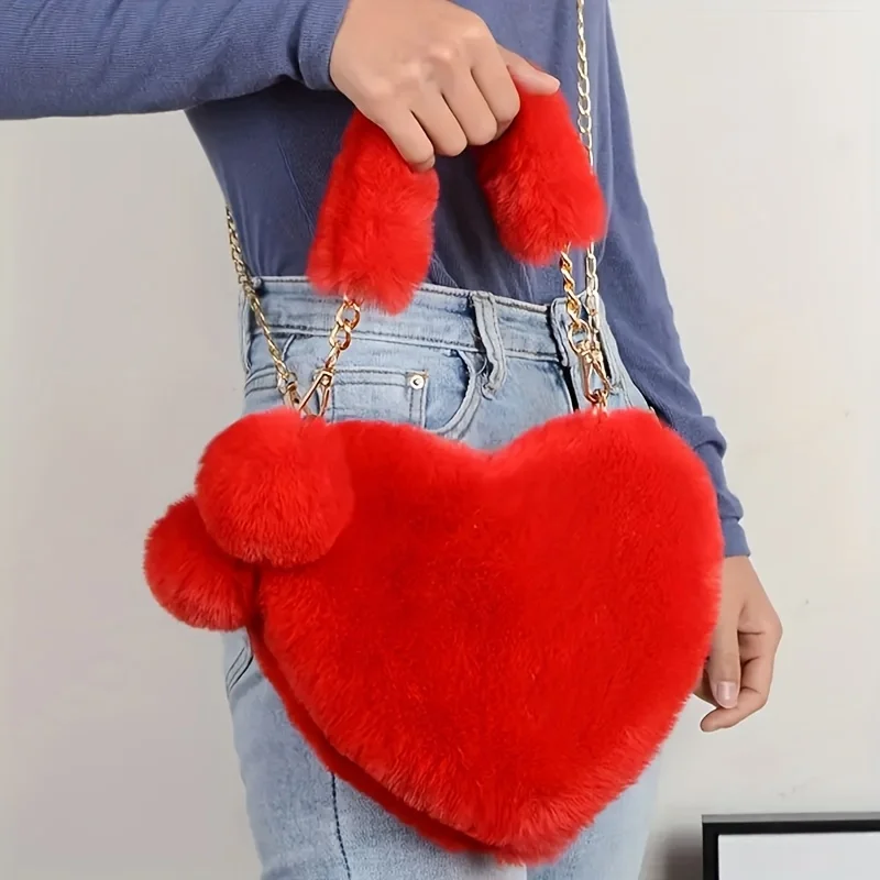 Women's Plush Heart-Shaped Shoulder Bag with Fluffy Pom-Pom Accent Soft Imitation Fur Handbag, Zipper Closure & Wrist Strap